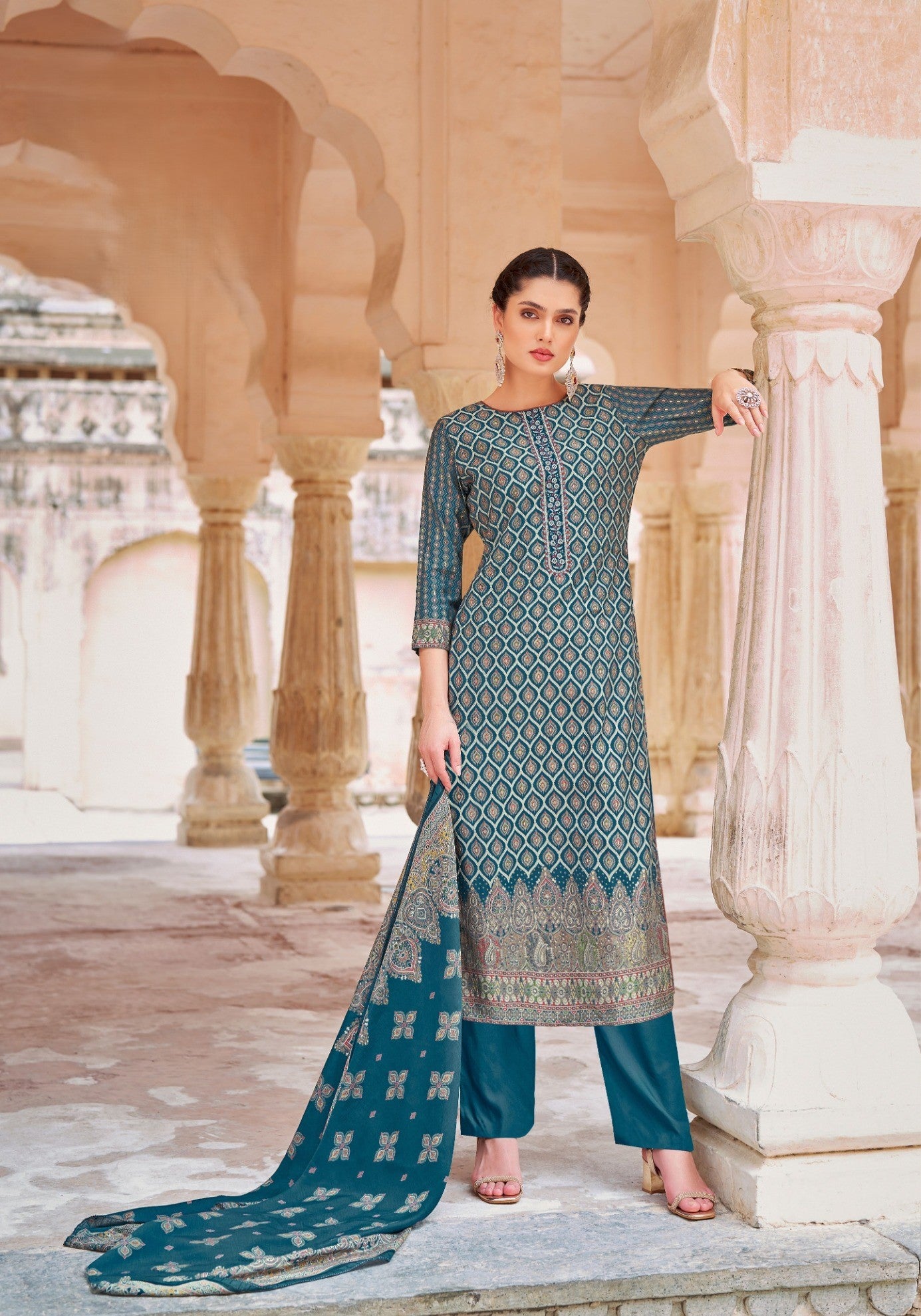 PEACOCK BLUE PREMIUM MODAL | MUSLIN DIGITAL PRINT UNSTITCHED SUIT