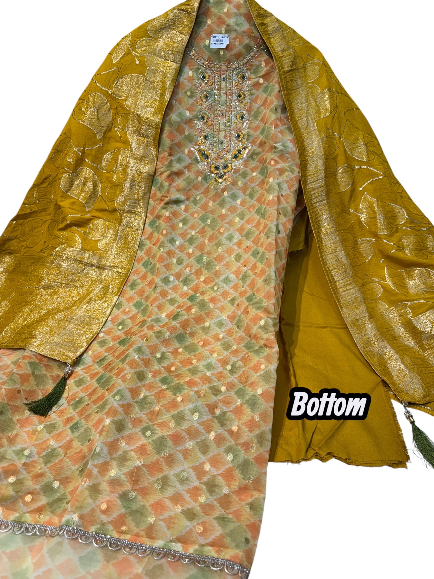Unstitched Organza Butti Suit with Heavy Inner, Rayon Bottom & Premium Kanjivaram Dupatta, Featuring Intricate Zardozi & Thread Embroidery