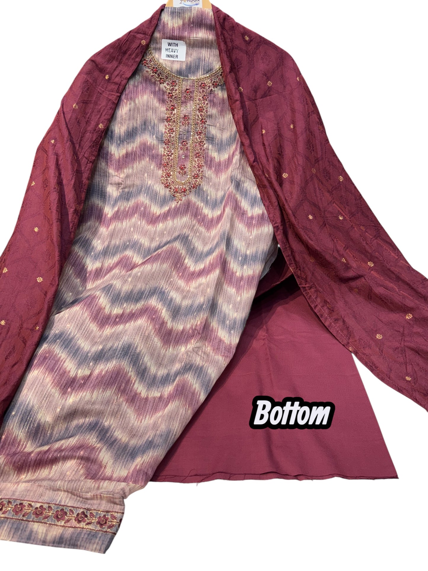 Unstitched Organza Butti Suit with Heavy Inner, Rayon Bottom & Premium Kanjivaram Dupatta, Featuring Intricate Zardozi & Thread Embroidery