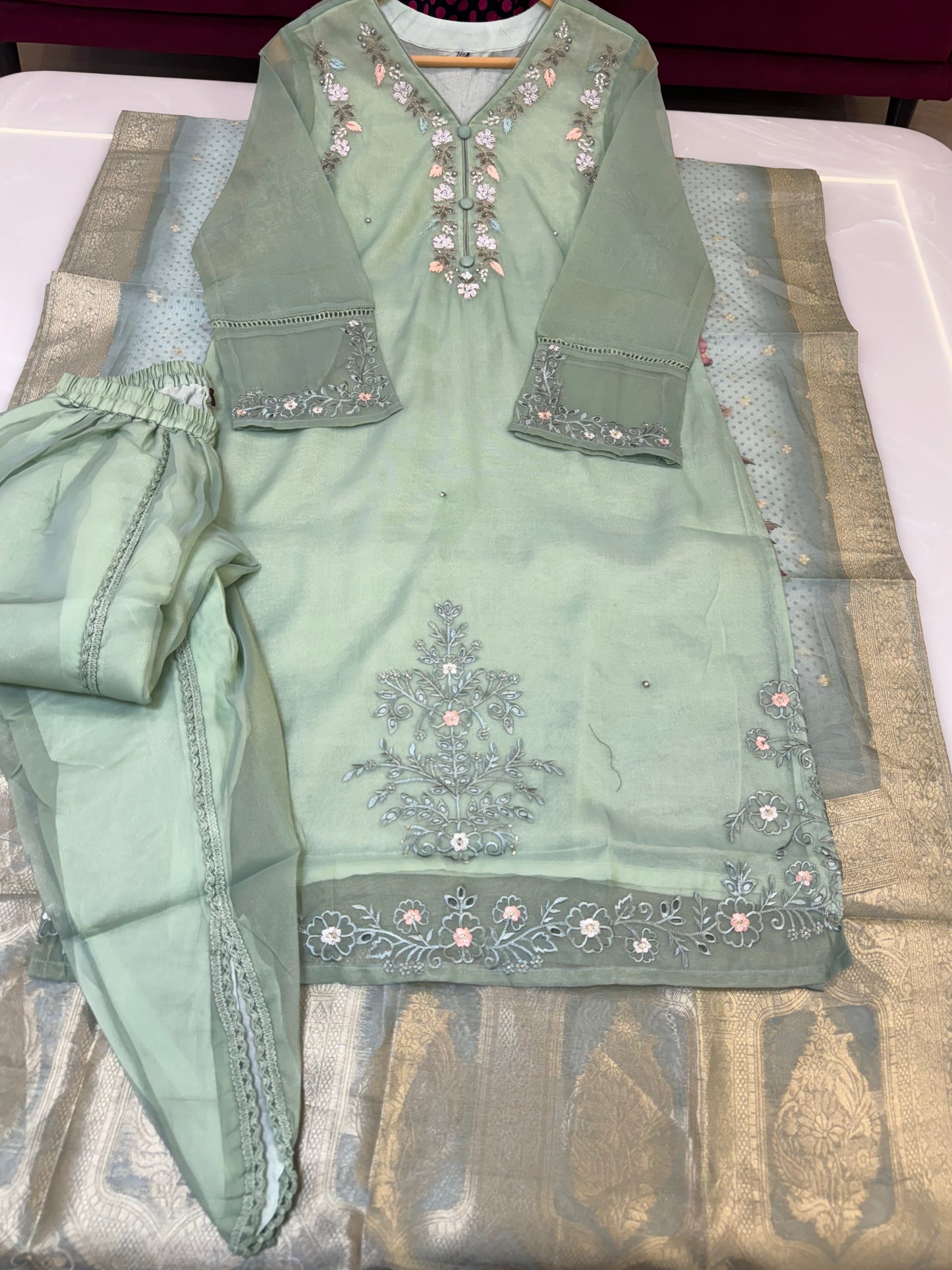 PISTA GREEN READYMADE LUNGI SALWAR STYLE 3 PIECE SHIMMER SUIT WITH COTTON LINING AND BANARSI DUPATTA