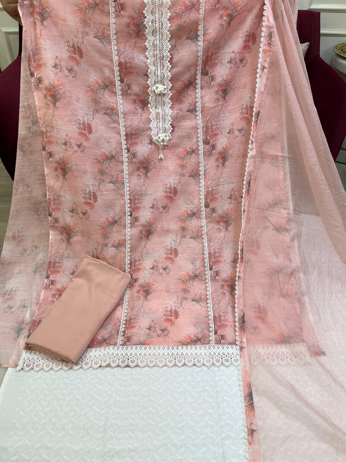 Linen Unstitched Ladies Suit – Embroidered Neck with Chikankari Lace & Kota Dupatta