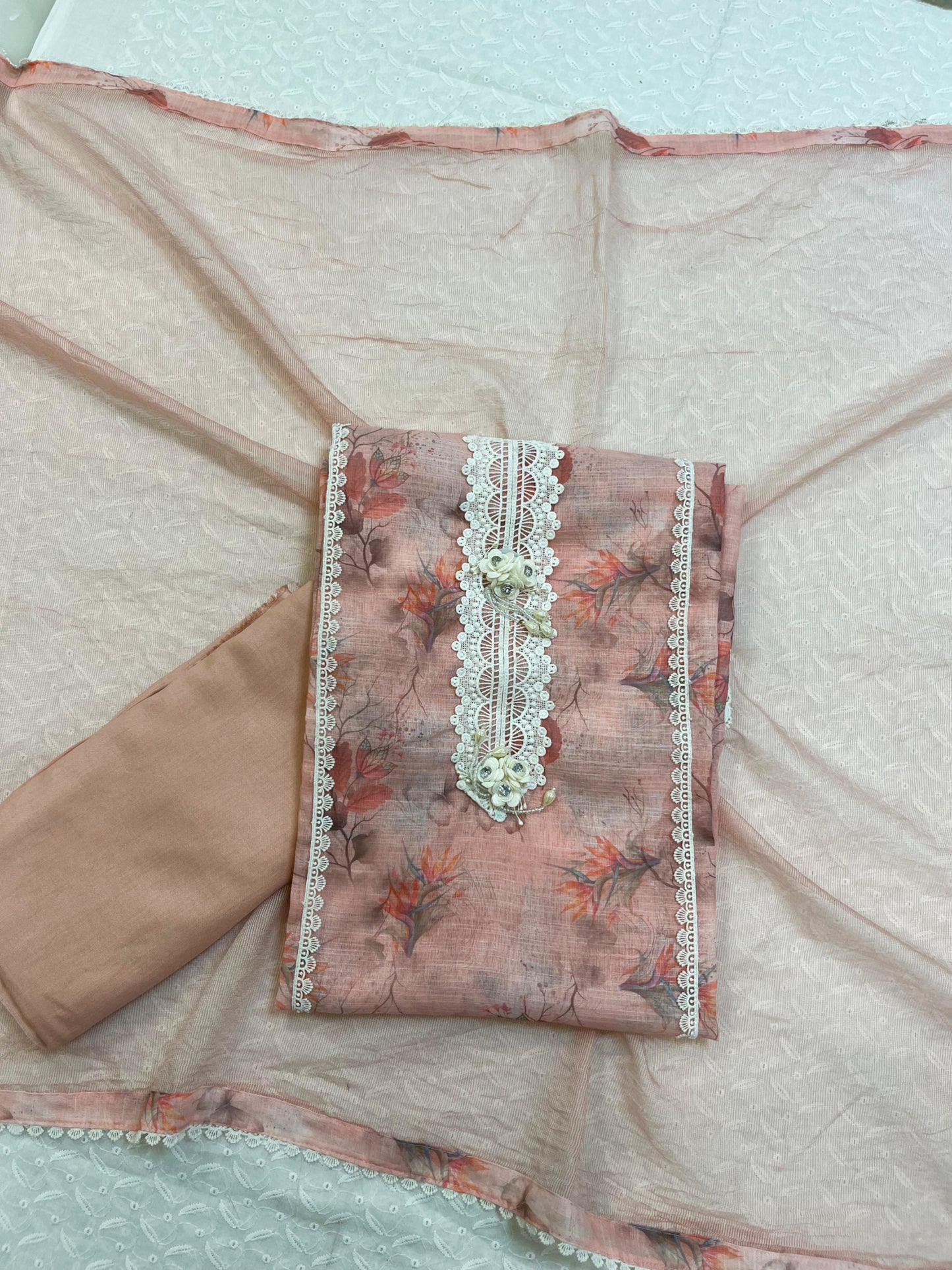 Linen Unstitched Ladies Suit – Embroidered Neck with Chikankari Lace & Kota Dupatta