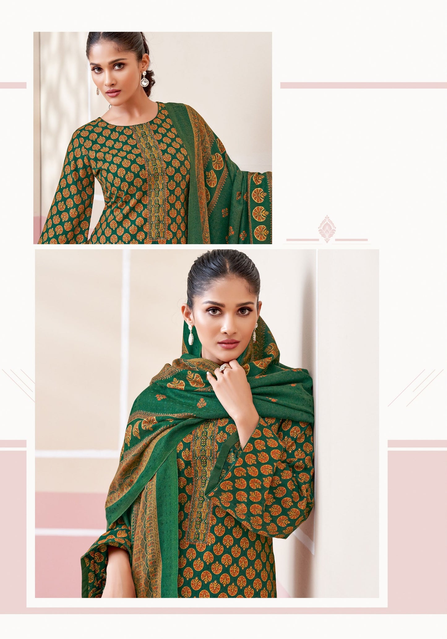 BOTTLE GREEN PASHMINA UNSTITCHED WITH NECK WORK AND FOIL PRINT
