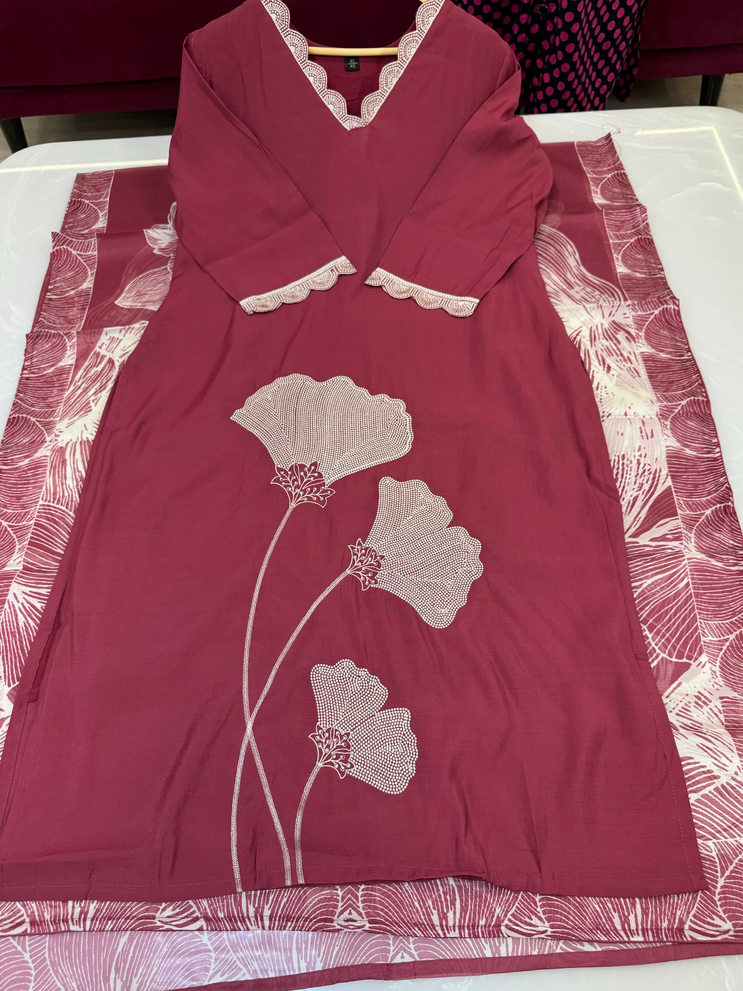 DARK GAJARI 3 PIECE ROMAN SILK STITCHED SUIT WITH EMROIDERY FLORAL WORK AND SOFT DIGITAL PRINT DUPATTA