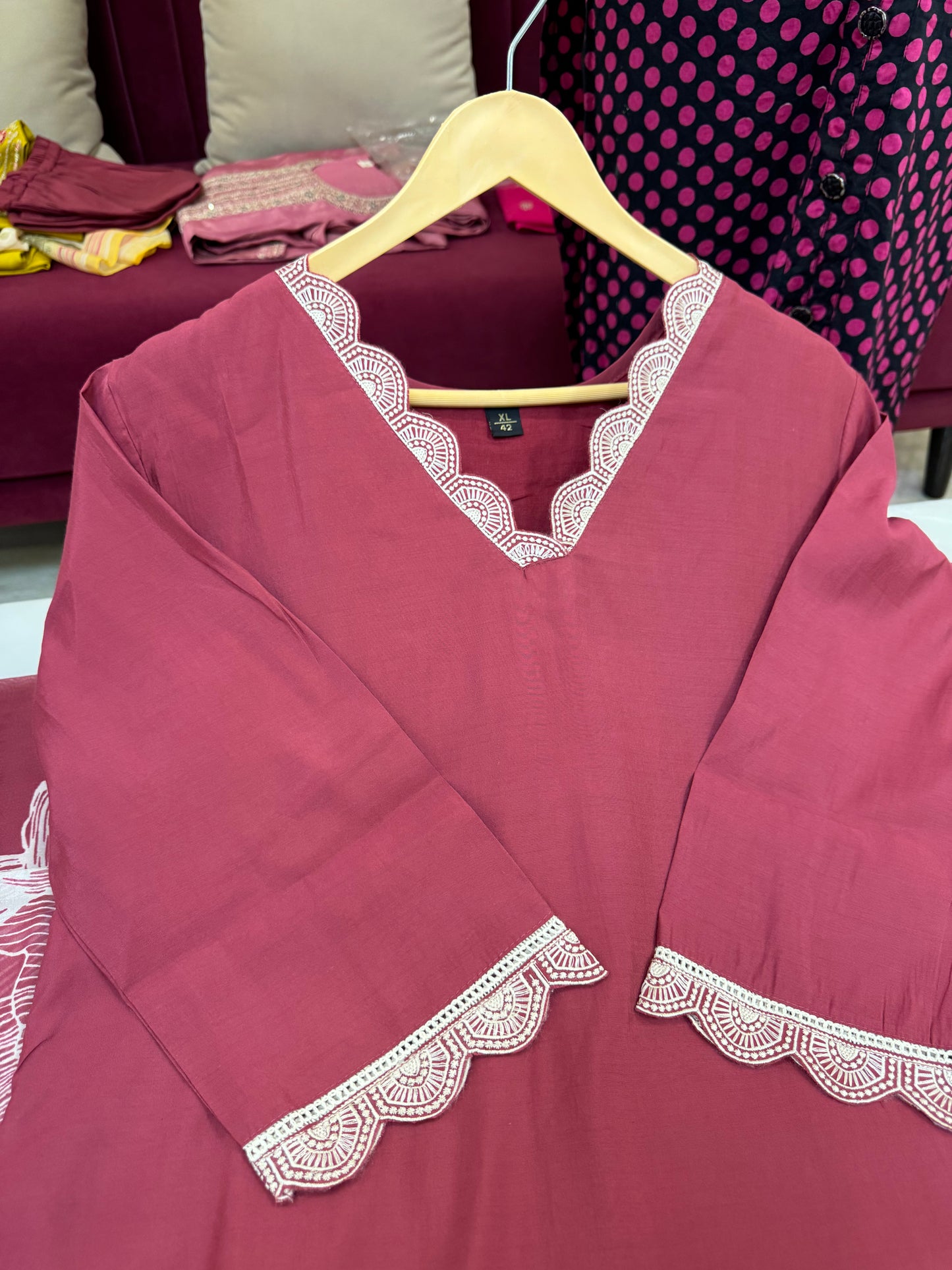 DARK GAJARI 3 PIECE ROMAN SILK STITCHED SUIT WITH EMROIDERY FLORAL WORK AND SOFT DIGITAL PRINT DUPATTA