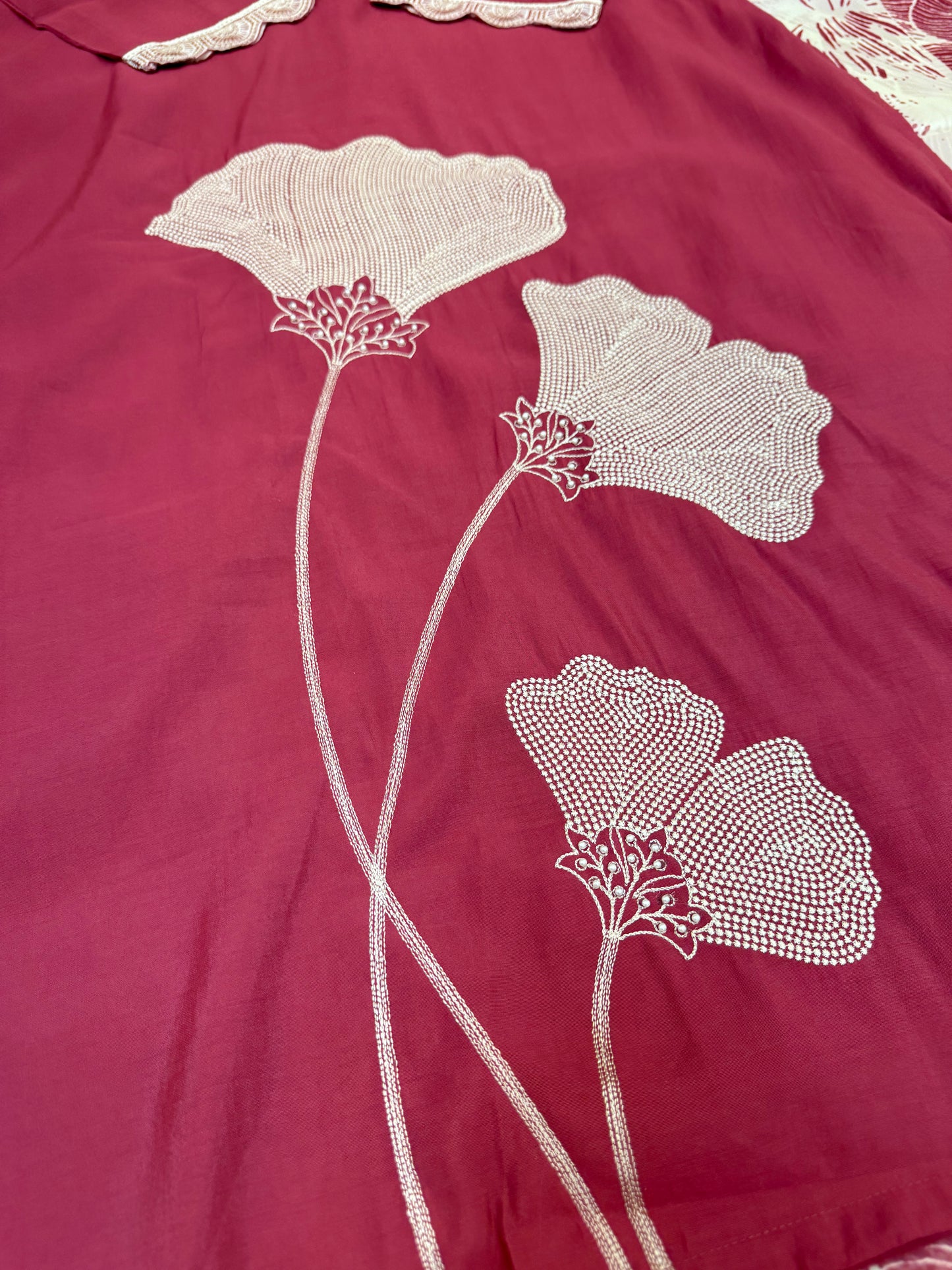 DARK GAJARI 3 PIECE ROMAN SILK STITCHED SUIT WITH EMROIDERY FLORAL WORK AND SOFT DIGITAL PRINT DUPATTA