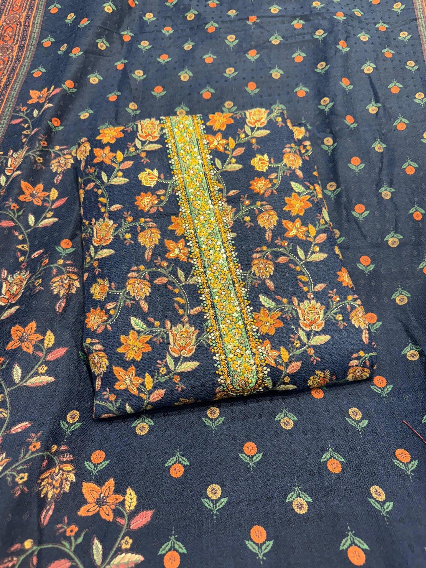 NAVY BLUE PASHMINA UNSTITCHED WITH NECK WORK AND FOIL PRINT