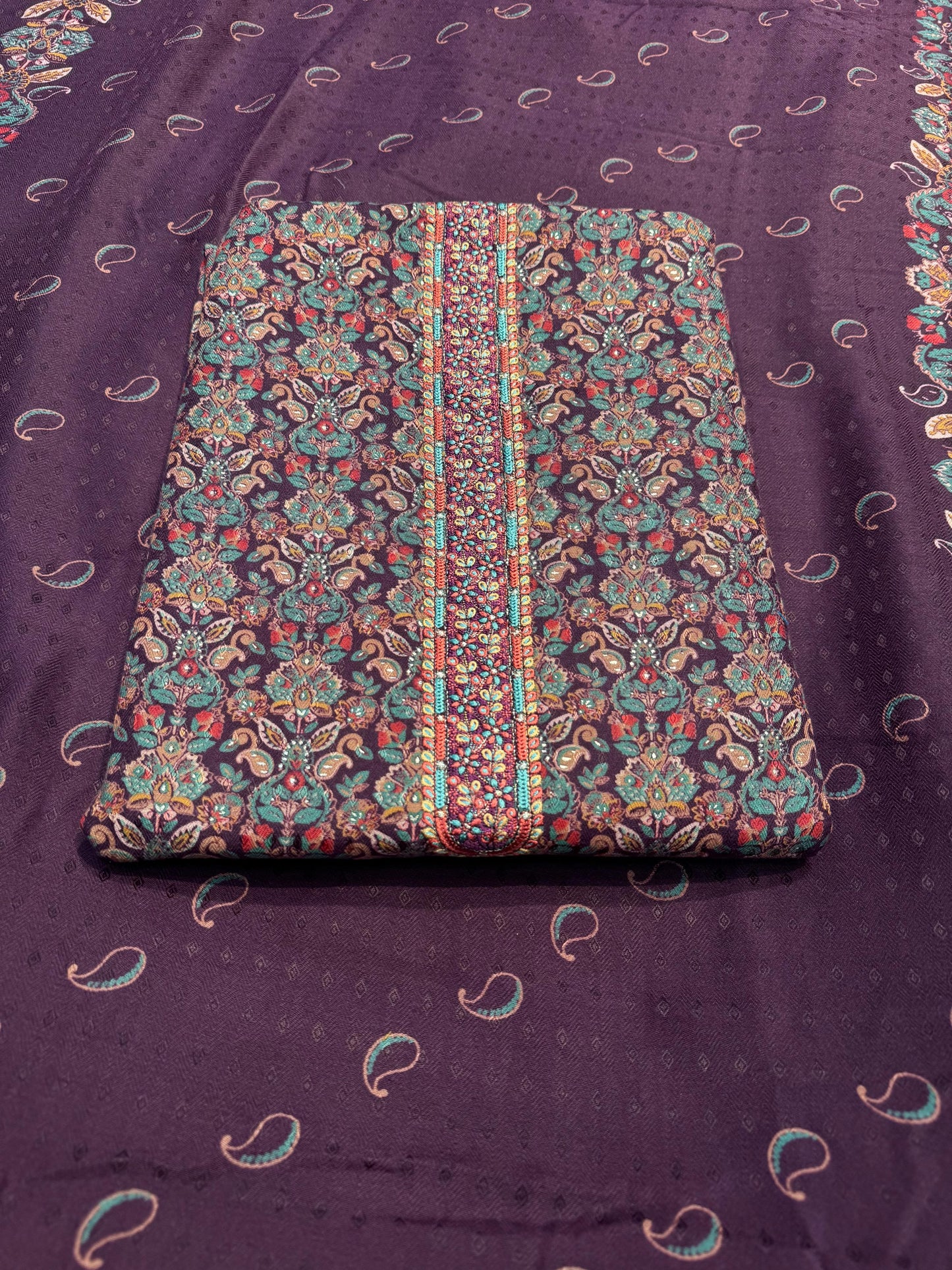 WINE PASHMINA UNSTITCHED WITH NECK WORK AND FOIL PRINT