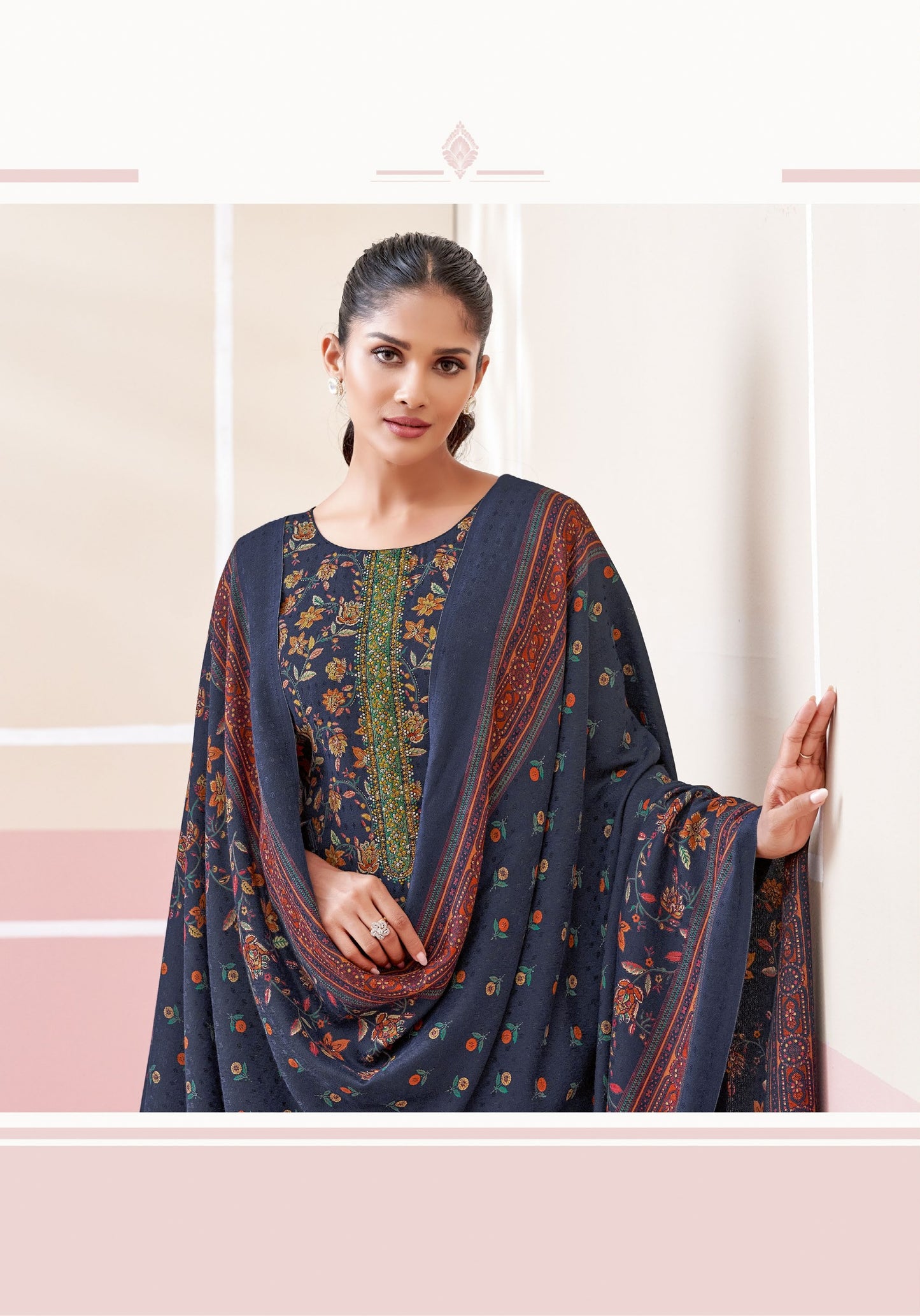 NAVY BLUE PASHMINA UNSTITCHED WITH NECK WORK AND FOIL PRINT