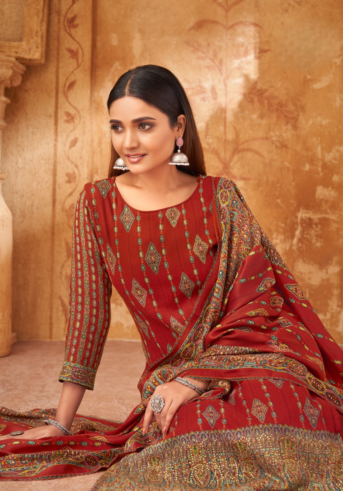 RUST ORANGE PASHMINA DIGITAL PRINT UNSTITCHED SUIT WITH SWAROVSKI WORK