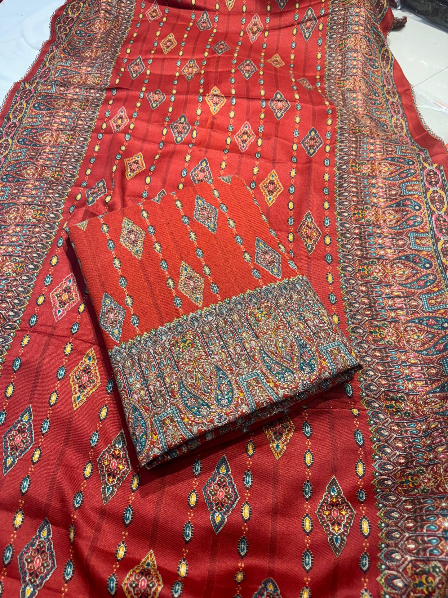 RUST ORANGE PASHMINA DIGITAL PRINT UNSTITCHED SUIT WITH SWAROVSKI WORK