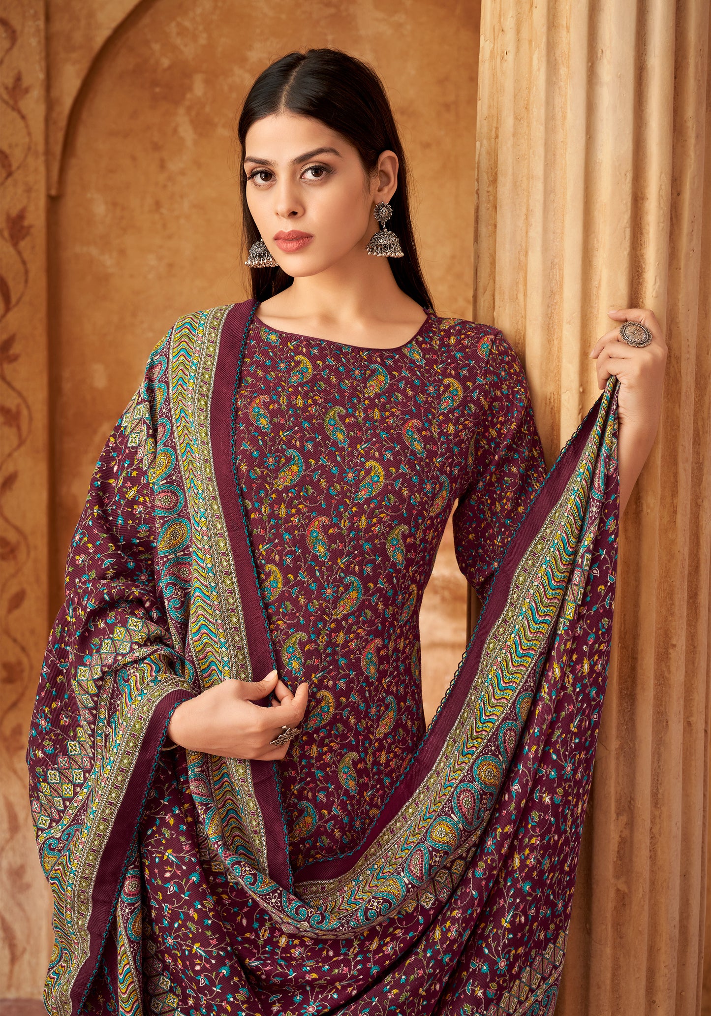 WINE PASHMINA DIGITAL PRINT UNSTITCHED SUIT WITH SWAROVSKI WORK