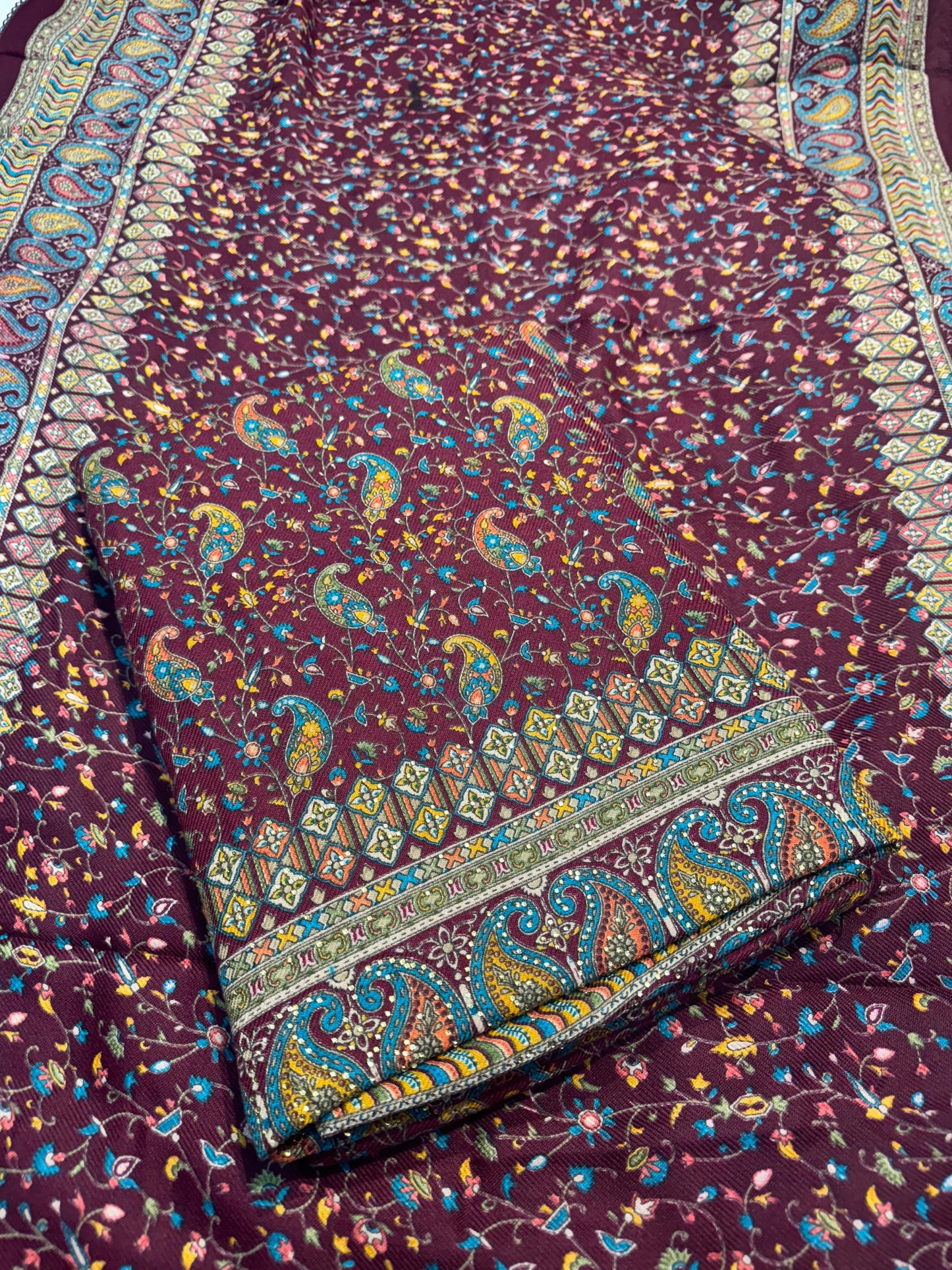 WINE PASHMINA DIGITAL PRINT UNSTITCHED SUIT WITH SWAROVSKI WORK