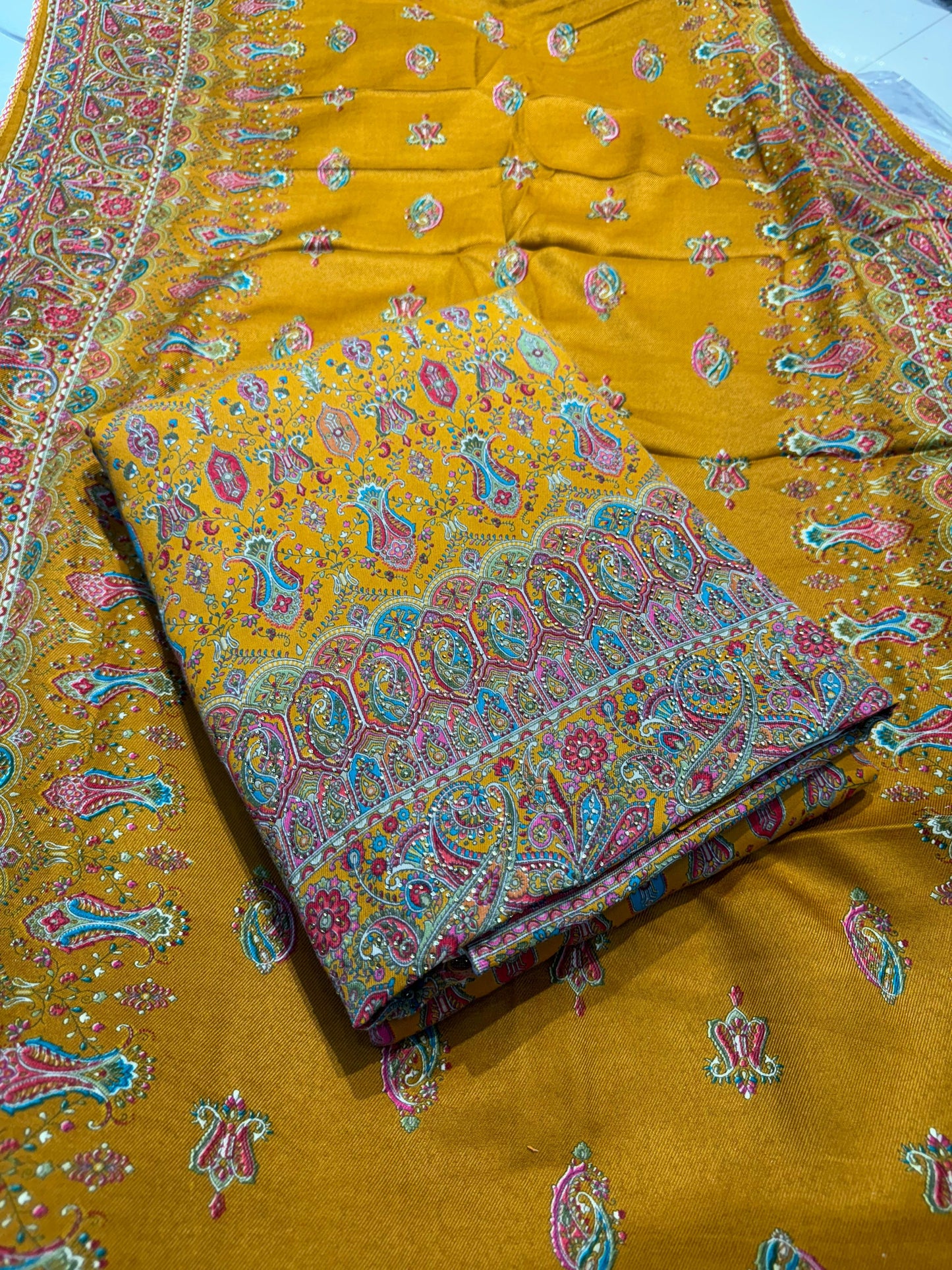 MUSTARD PASHMINA DIGITAL PRINT UNSTITCHED SUIT WITH SWAROVSKI WORK