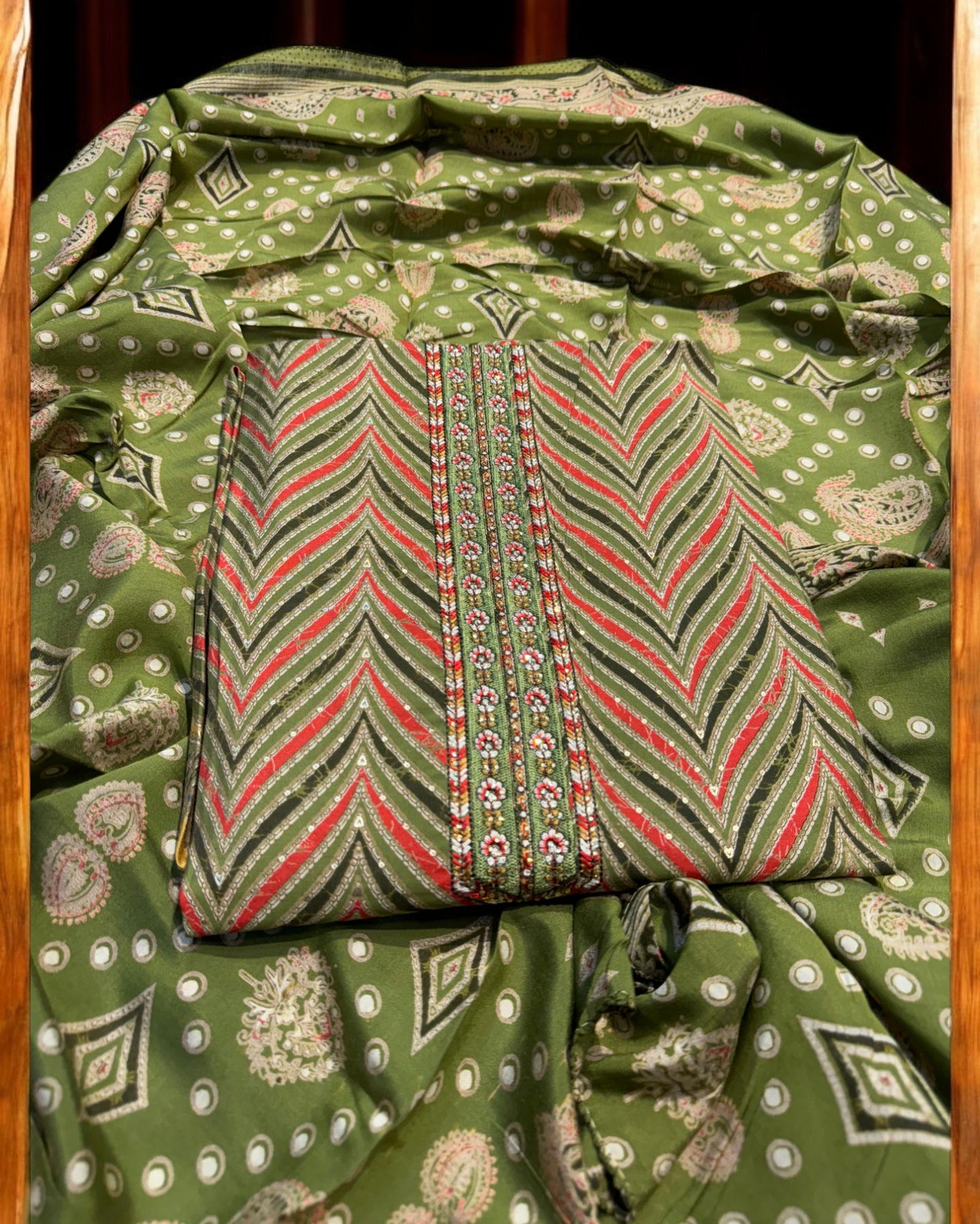 MEHNDI GREEN PREMIUM MODAL | MUSLIN DIGITAL PRINT UNSTITCHED SUIT