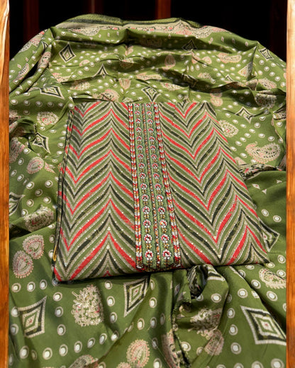 MEHNDI GREEN PREMIUM MODAL | MUSLIN DIGITAL PRINT UNSTITCHED SUIT