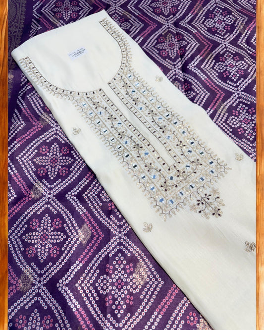 BRIGHT WHITE BANARSI PARTY WEAR SILK SUIT WITH ZARI AND MIRROR WORK