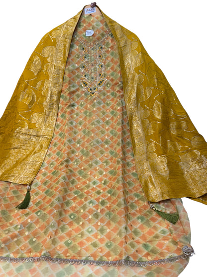 Unstitched Organza Butti Suit with Heavy Inner, Rayon Bottom & Premium Kanjivaram Dupatta, Featuring Intricate Zardozi & Thread Embroidery