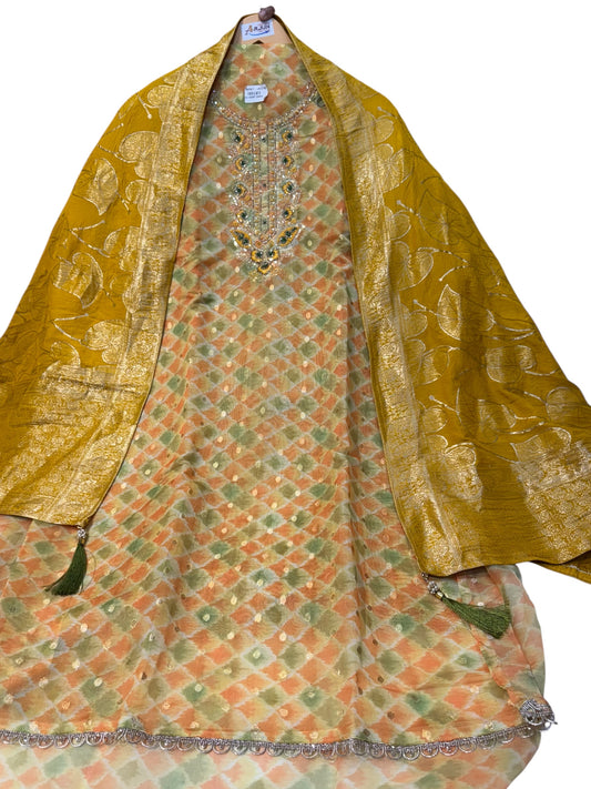 Unstitched Organza Butti Suit with Heavy Inner, Rayon Bottom & Premium Kanjivaram Dupatta, Featuring Intricate Zardozi & Thread Embroidery