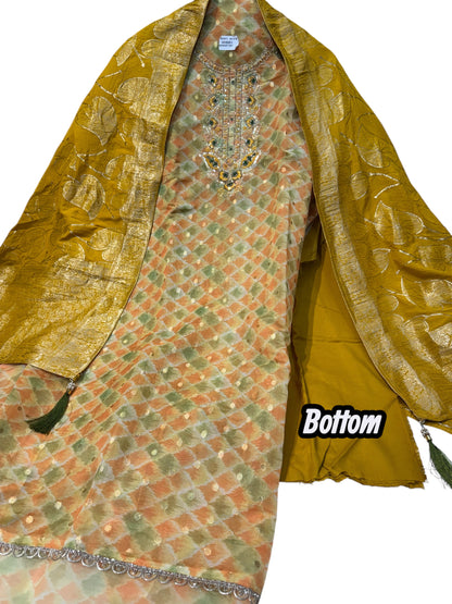 Unstitched Organza Butti Suit with Heavy Inner, Rayon Bottom & Premium Kanjivaram Dupatta, Featuring Intricate Zardozi & Thread Embroidery