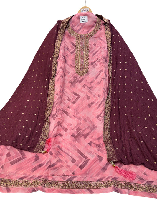 Unstitched Organza Butti Suit with Heavy Inner, Rayon Bottom & Premium Kanjivaram Dupatta, Featuring Intricate Zardozi & Thread Embroidery