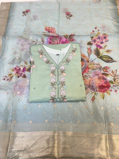 PISTA GREEN READYMADE LUNGI SALWAR STYLE 3 PIECE SHIMMER SUIT WITH COTTON LINING AND BANARSI DUPATTA