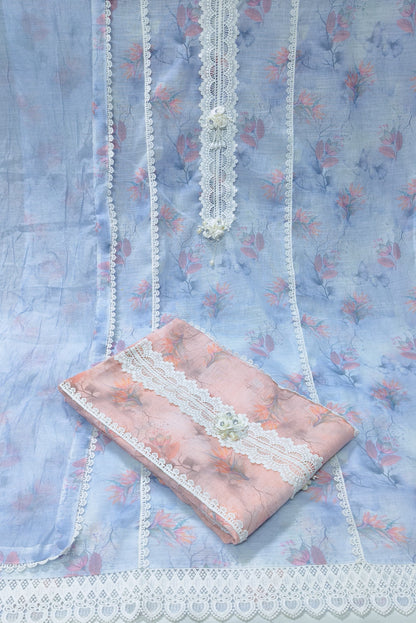 Linen Unstitched Ladies Suit – Embroidered Neck with Chikankari Lace & Kota Dupatta