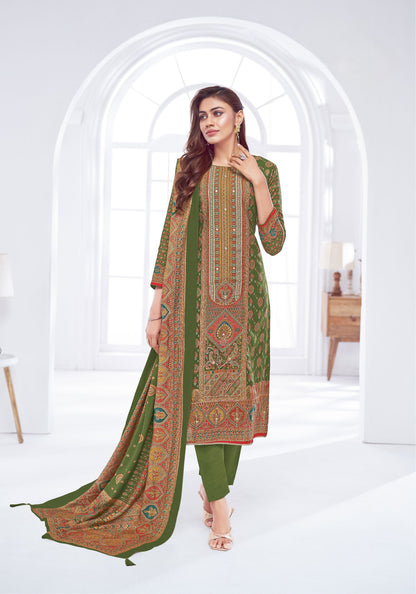 Elegant Ready To Wear Pakistani-Style Muslin Stitched Suit with AAri Work & Rayon Bottom – Muslin Dupatta | Mehendi
