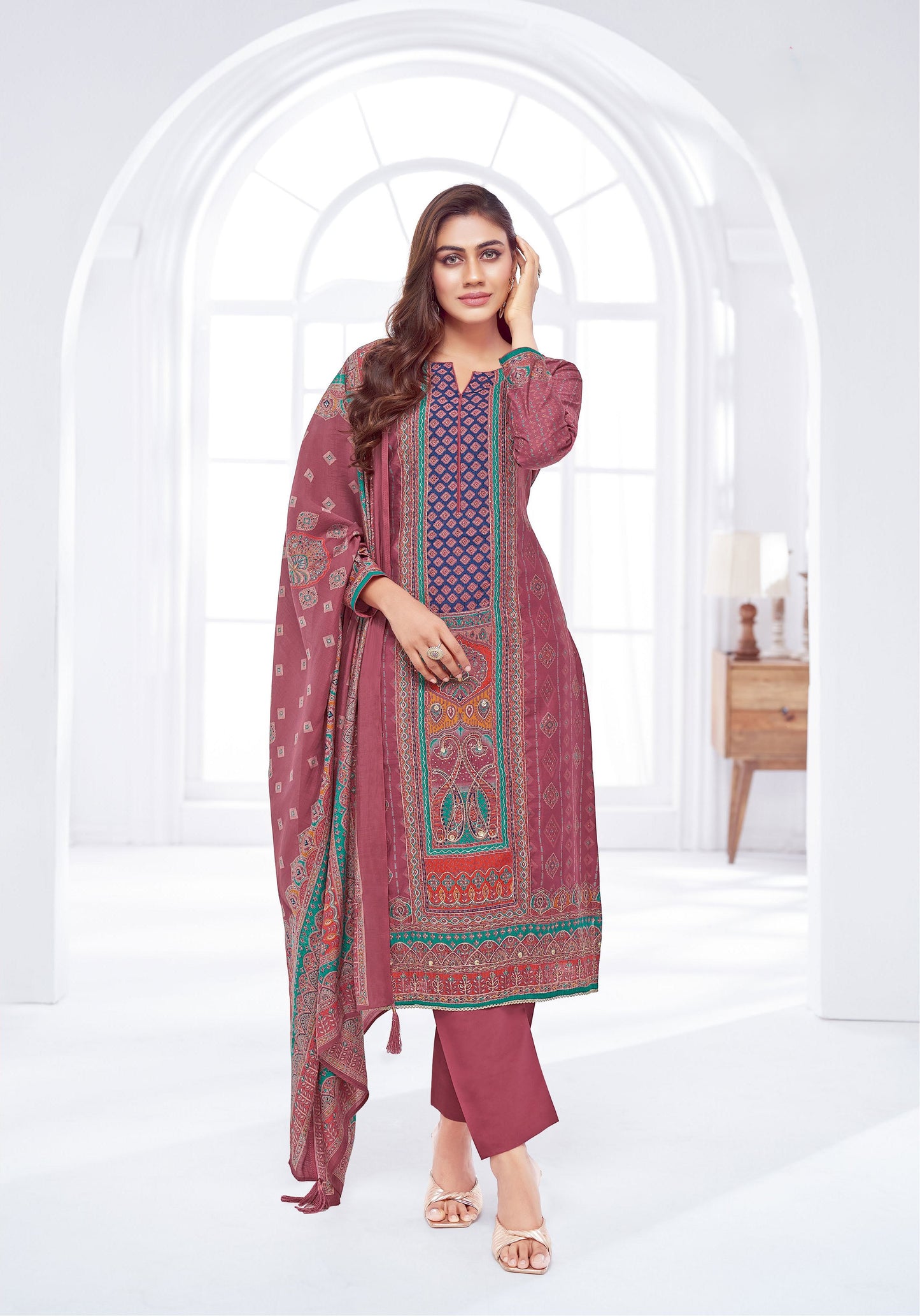 Elegant Ready To Wear Pakistani-Style Muslin Stitched Suit with AAri Work & Rayon Bottom – Muslin Dupatta | Onion Pink