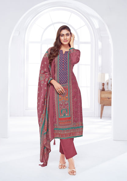 Elegant Ready To Wear Pakistani-Style Muslin Stitched Suit with AAri Work & Rayon Bottom – Muslin Dupatta | Onion Pink
