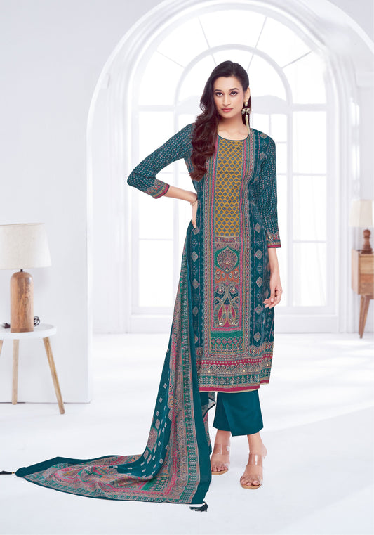 Elegant Pakistani-Style Muslin Stitched Suit with AAri Work & Rayon Bottom – Muslin Dupatta | Peacock Blue