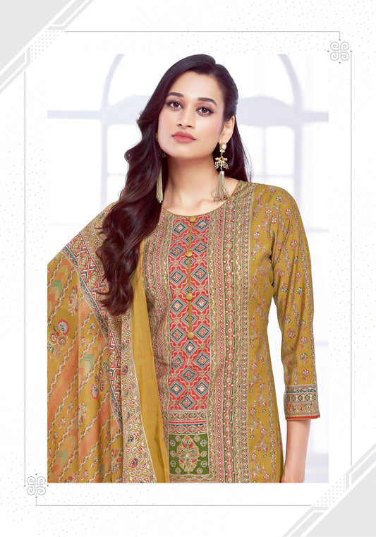 Elegant Pakistani-Style Muslin Stitched Suit with AAri Work & Rayon Bottom – Muslin Dupatta | Mustard