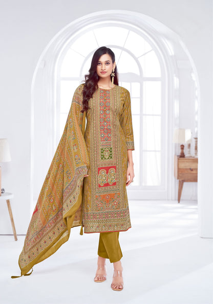 Elegant Pakistani-Style Muslin Stitched Suit with AAri Work & Rayon Bottom – Muslin Dupatta | Mustard