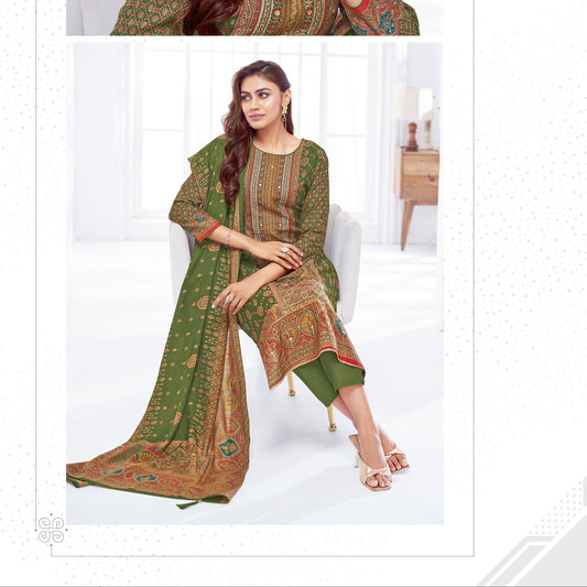 Elegant Ready To Wear Pakistani-Style Muslin Stitched Suit with AAri Work & Rayon Bottom – Muslin Dupatta | Mehendi