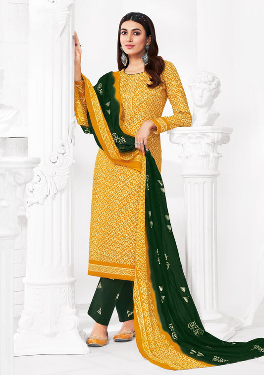 BRIGHT YELLOW | COTTON BATIK PRINT DESIGN | COTTON UNSTITCHED SUIT | WITH COTTON MAL DUPATTA