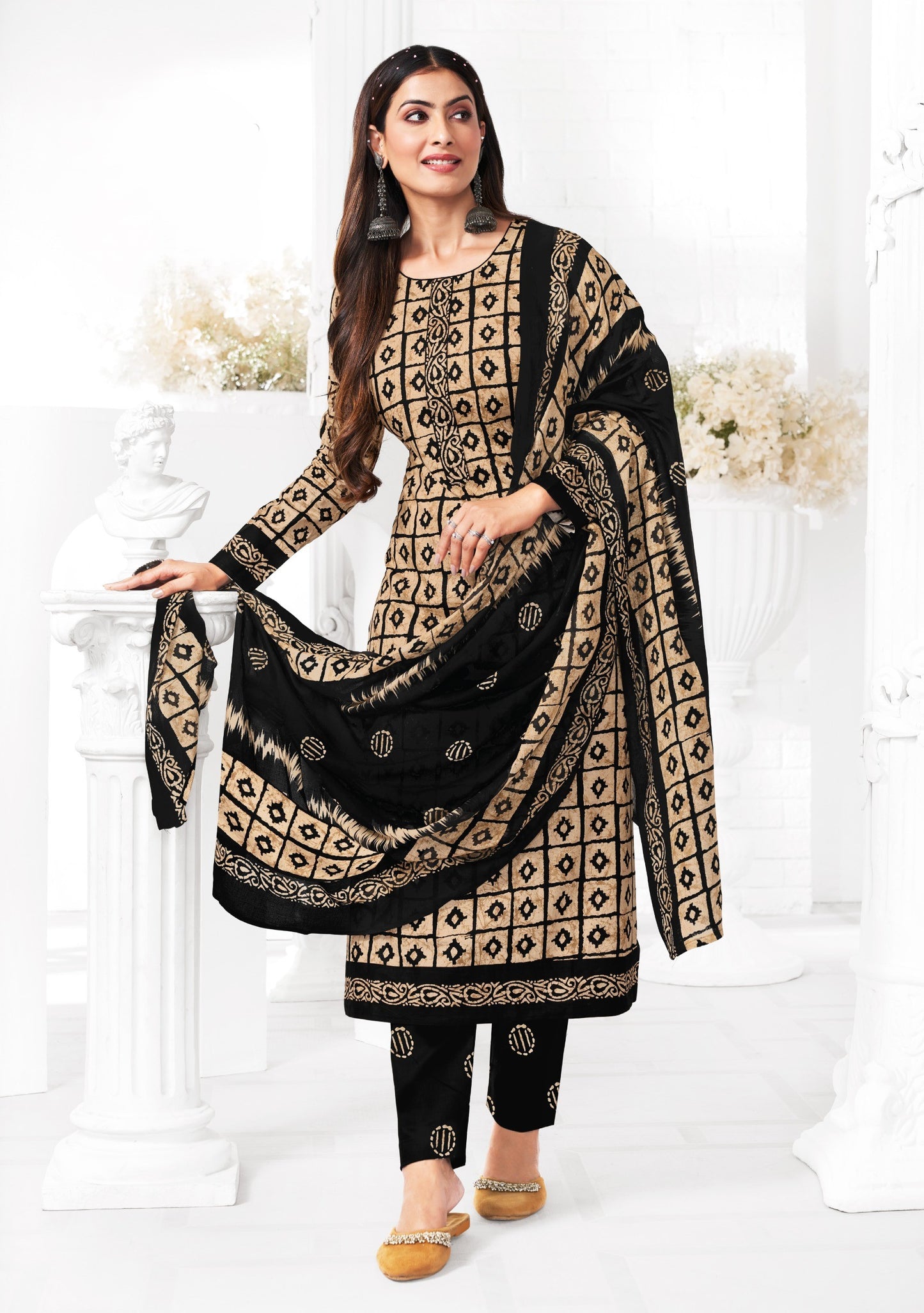 BEIGE BLACK | COTTON BATIK PRINT DESIGN | COTTON UNSTITCHED SUIT | WITH COTTON MAL DUPATTA