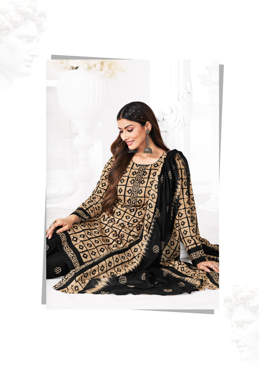 BEIGE BLACK | COTTON BATIK PRINT DESIGN | COTTON UNSTITCHED SUIT | WITH COTTON MAL DUPATTA
