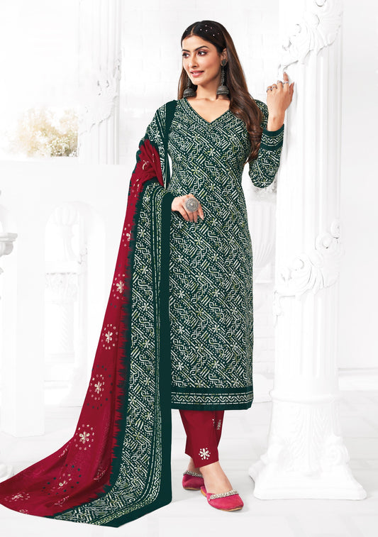 PAKISTANI GREEN TOP |REDDISH MAROON BOTTOM| PURE COTTON BATIK PRINT DESIGN | COTTON UNSTITCHED SUIT | WITH COTTON MAL DUPATTA