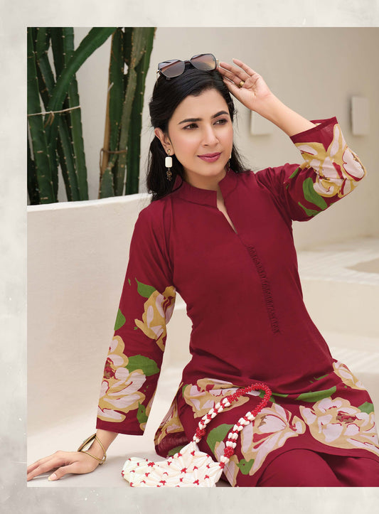 Ready To Wear Printed Cotton Coord Set | Maroon