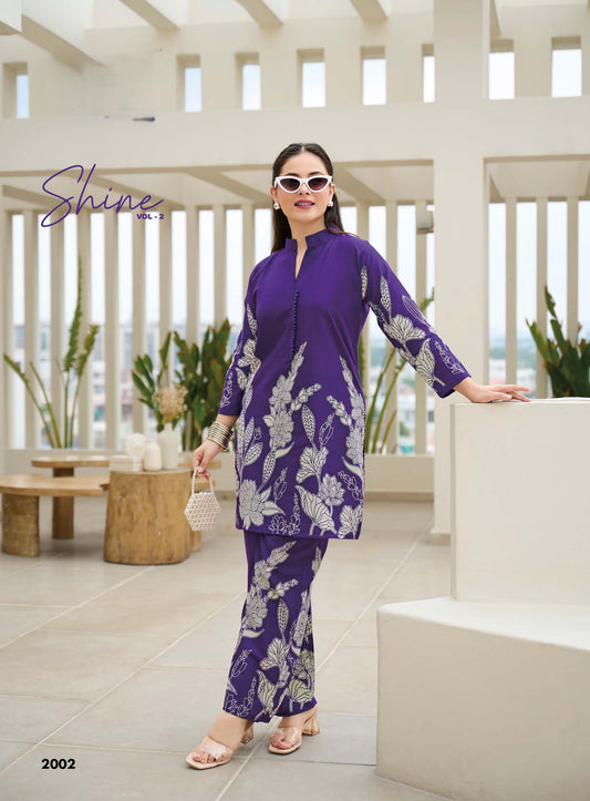 Ready To Wear Printed Cotton Coord Set | Purple