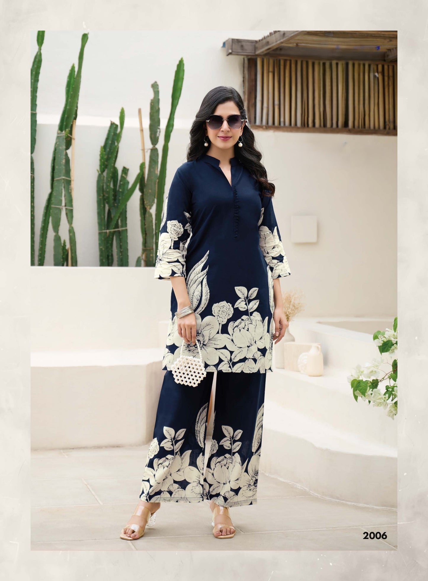 Ready To Wear Printed Cotton Coord Set | Navy Blue