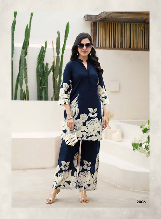 Ready To Wear Printed Cotton Coord Set | Navy Blue