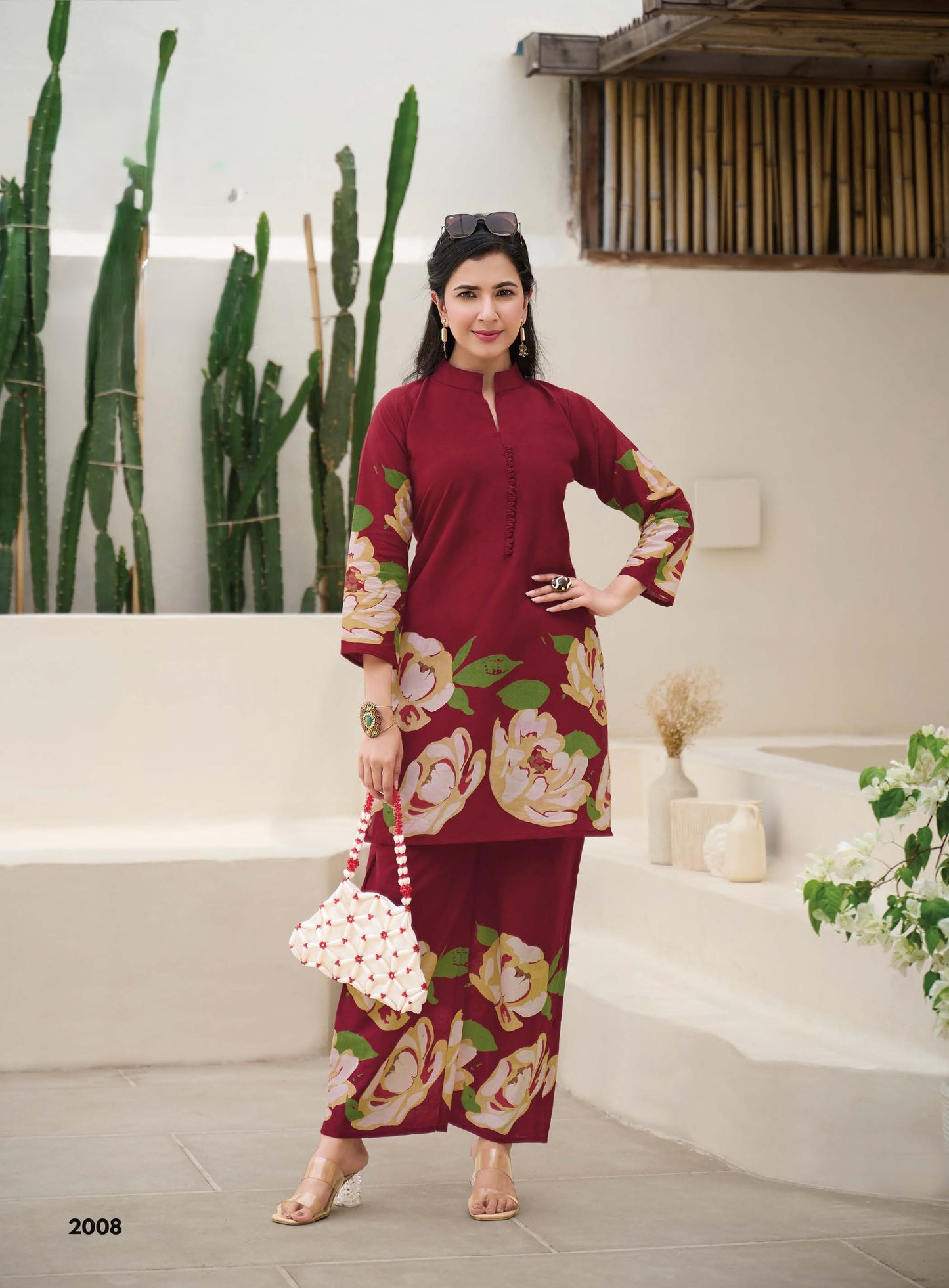 Ready To Wear Printed Cotton Coord Set | Maroon