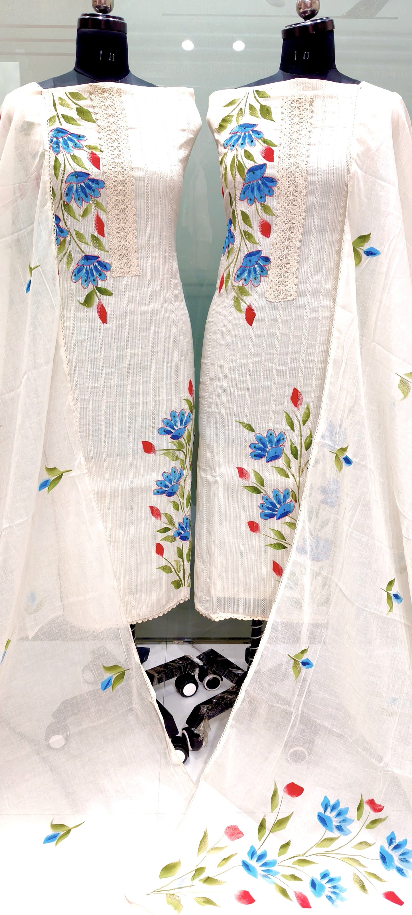 3-Piece Unstitched Cotton Jacquard Suit – Chikankari Neckline, Brush-Painted Dupatta & Pure Cotton Bottom