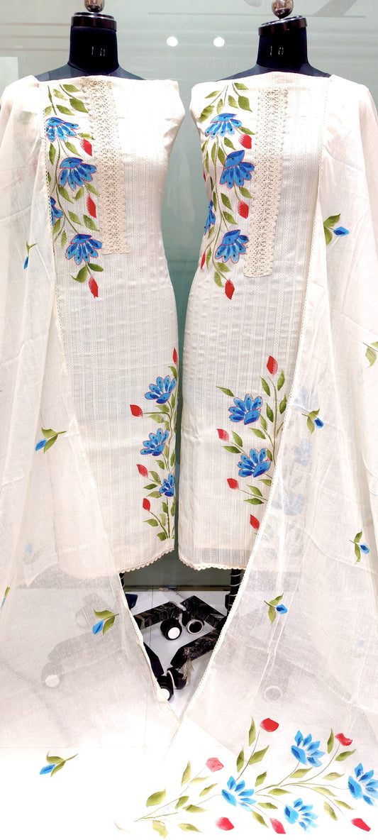 3-Piece Unstitched Cotton Jacquard Suit – Chikankari Neckline, Brush-Painted Dupatta & Pure Cotton Bottom