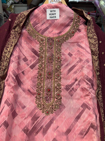 Unstitched Organza Butti Suit with Heavy Inner, Rayon Bottom & Premium Kanjivaram Dupatta, Featuring Intricate Zardozi & Thread Embroidery