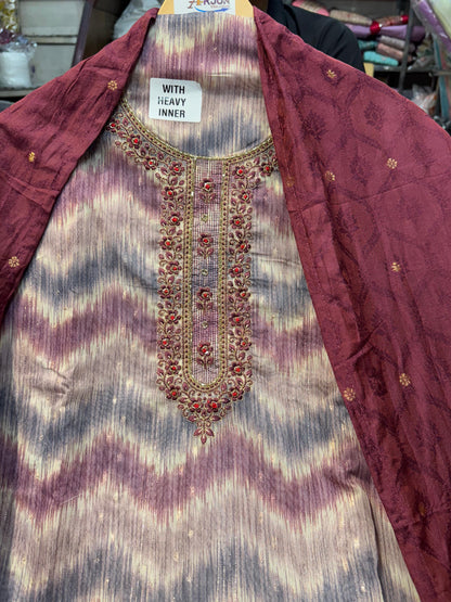 Unstitched Organza Butti Suit with Heavy Inner, Rayon Bottom & Premium Kanjivaram Dupatta, Featuring Intricate Zardozi & Thread Embroidery