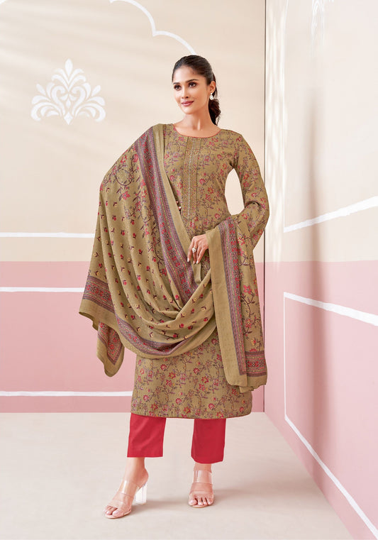 BADAMI PASHMINA UNSTITCHED WITH NECK WORK AND FOIL PRINT
