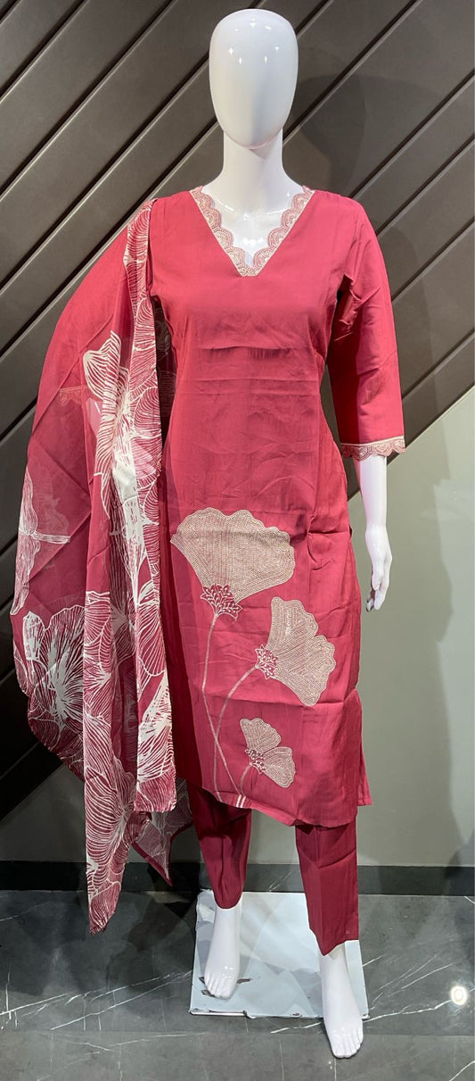 DARK GAJARI 3 PIECE ROMAN SILK STITCHED SUIT WITH EMROIDERY FLORAL WORK AND SOFT DIGITAL PRINT DUPATTA
