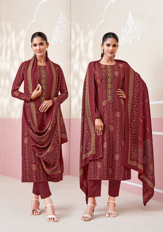 MAROON PASHMINA UNSTITCHED WITH NECK WORK AND FOIL PRINT